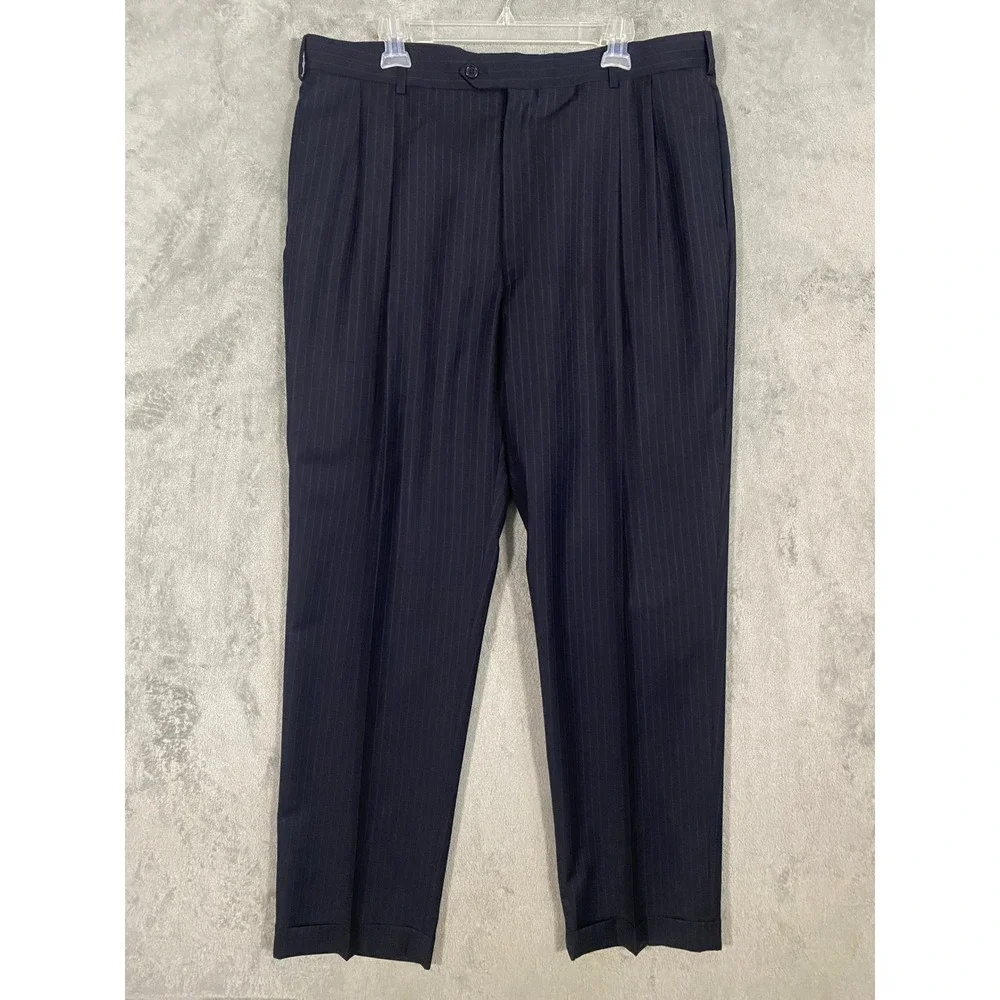 Jos. A. Bank 2pc Suit 46L 38x32 Navy Blue Signature Collection Stripe Cuff Wool